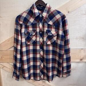 VTG Stage Western Shirt Mens Large Plaid Pearl Snap Flannel 90s Blue Red